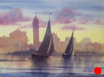 seascape, sailboat, town, dock, sea, original watercolor painting, oberst